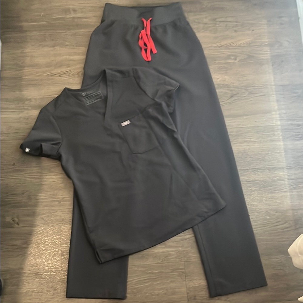 Figs Women's Scrub Set in Charcoal Gray with Red Accents